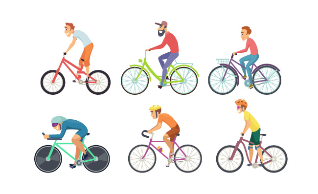 自行车运动员驾驶各种自行车卡通人物汽车素材