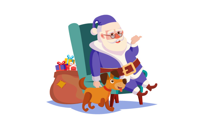 坐在椅子上带着大袋礼物盒的圣诞老人漫画人物