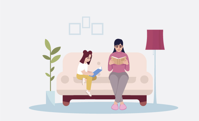 做个好榜样母亲和女儿一起读书的矢量卡通插图