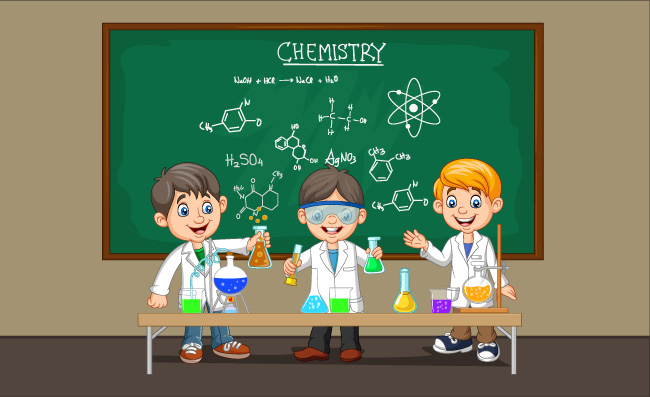 做化学实验的科学家男孩儿童矢量图片