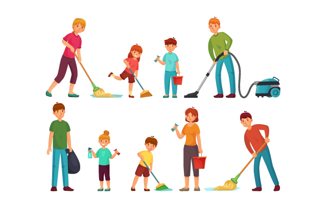 做家务的父母和孩子吸尘器清洁家务劳动家政卫生卡通矢量人物插图