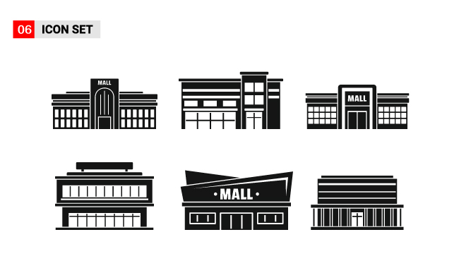 购物中心建筑简单的套购物中心大厦图标简约风格矢量图片