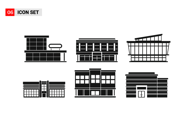 黑色建筑剪影套购物中心大厦图标简约风格矢量图片