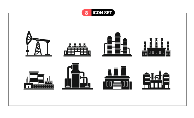简单炼油厂精炼厂工厂建筑剪影矢量图标.