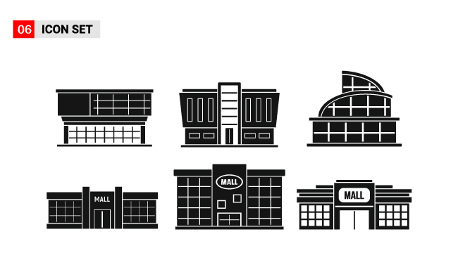 建筑剪影套购物中心大厦图标简约风格矢量图片