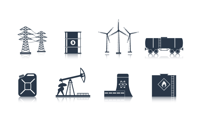 绿色能源发电风车电力形成生态资源石油勘探工厂电力线塔矢量剪影图标插图