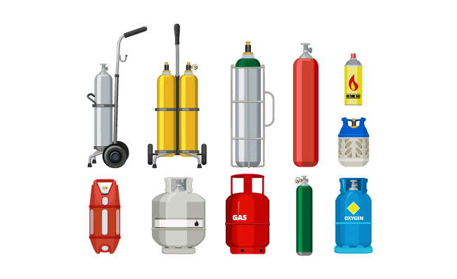 气瓶丁烷氦乙炔丙烷金属罐缸石油站工具矢量插图