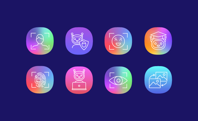 人工智能聊天机器人面部指纹识别UI应用程序矢量插图图标集