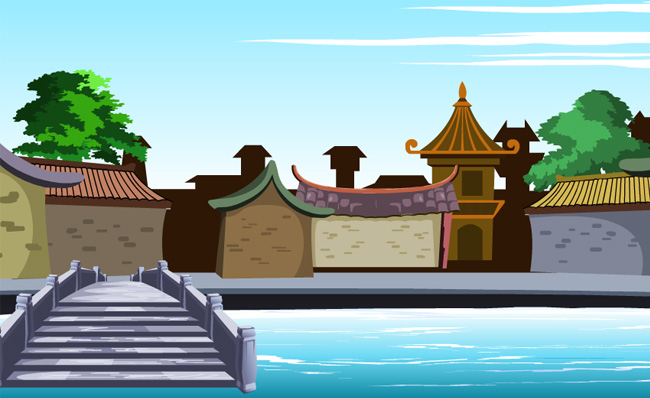 中国江南水乡独桥古建筑二维动漫背景素材