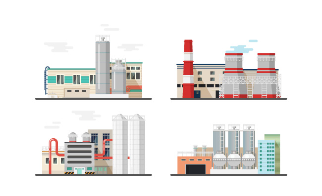 矢量工厂加工发电厂建筑扁平素材插图
