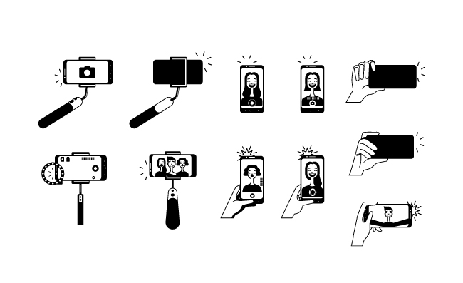 手机拍照各种自拍杆拍照selfie图片打电话黑色剪影自拍手势姿势图标