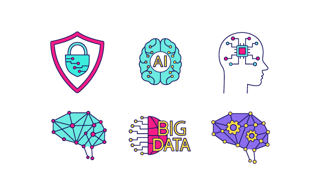 数字大脑人工智能AI机器人网络安全云计算大数据物联网矢量图标插图