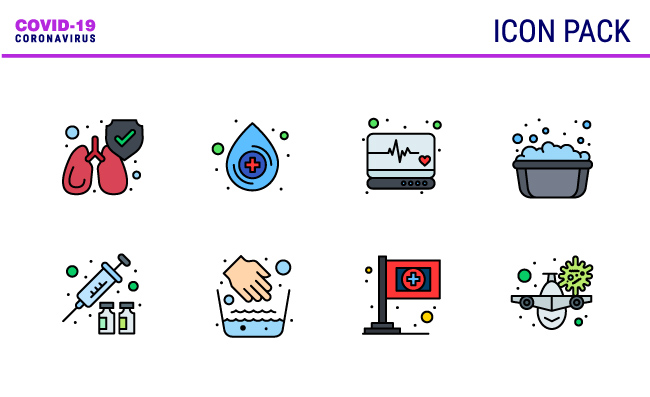 填充线彩色新冠病毒流行图标病毒疫苗自我防护