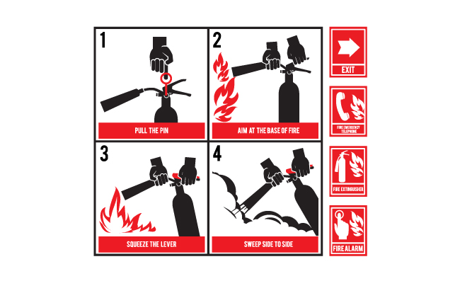 消防灭火器剪影指导消防设备灭火器使用步骤插图矢量