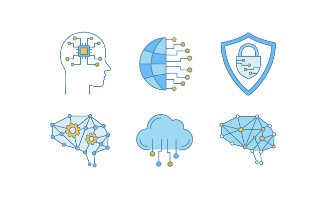 智能AI人工数字大脑大数据物联网矢量图标插图