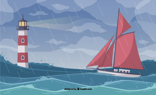 暴风雨中前行的红帆游艇阴雨天气开阔的大海风景卡通插图
