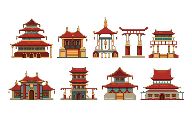 宝塔宫殿传统建筑文化矢量卡通建筑集合