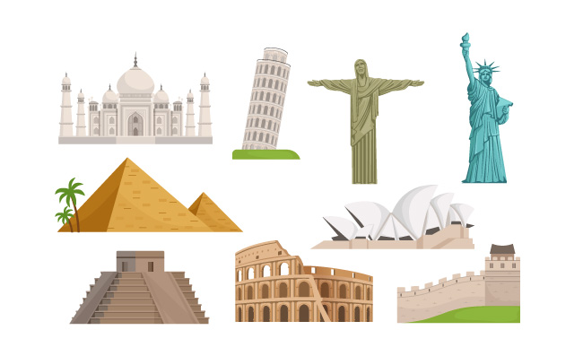 不同历史著名地标世界古迹建筑矢量插图