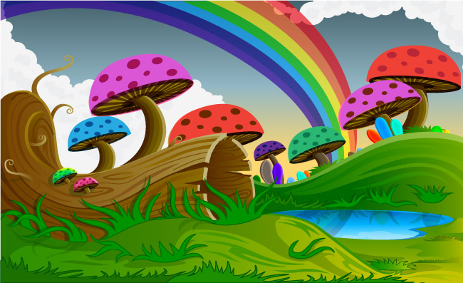 彩虹蘑菇林卡通矢量素材