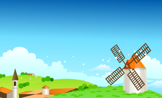 草地山顶风车自然卡通风景插图