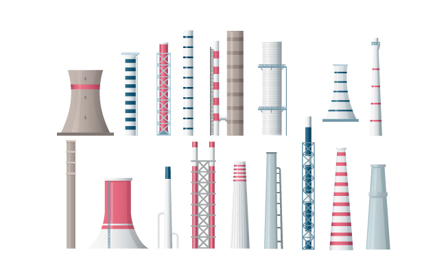 厂房工业工厂大型建筑卡通烟囱管道插图矢量