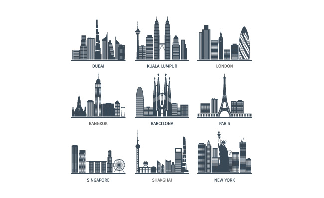 城市黑色中心商务大厦建筑轮廓天线矢量图