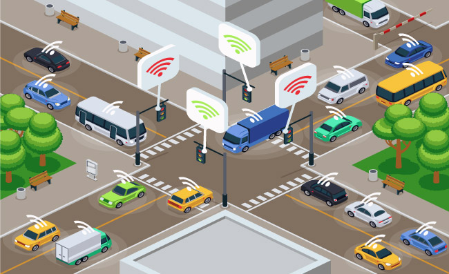 城市交通装有红外传感器的车辆无人驾驶城市交通矢量图