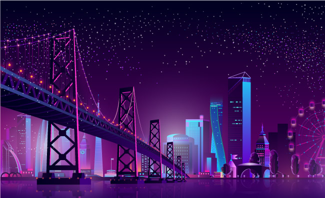 城市夜景摩天轮和跨江大桥风景
