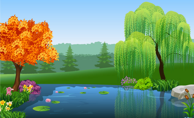池塘边漂亮的柳树精美风景景色插图