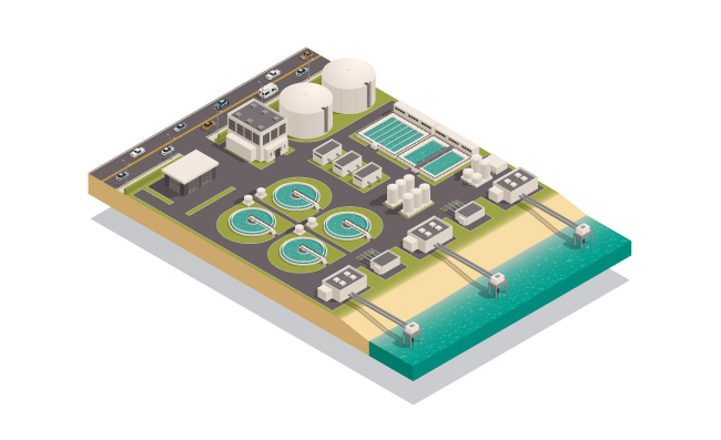 地面废水净化处理厂等距过滤气罐分离器水库矢量图