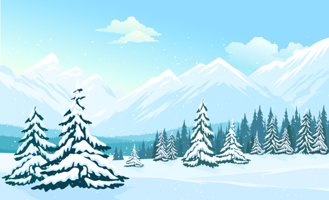 冬季滑雪场山脉树木景观矢量