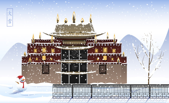 冬季西藏大雪风景矢量插画