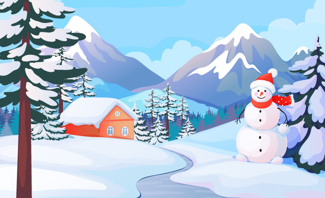 冬季雪人可爱房子山谷雪景寒冷季节矢量室外插画冬季雪人景观在白雪皑皑的山谷户外插画