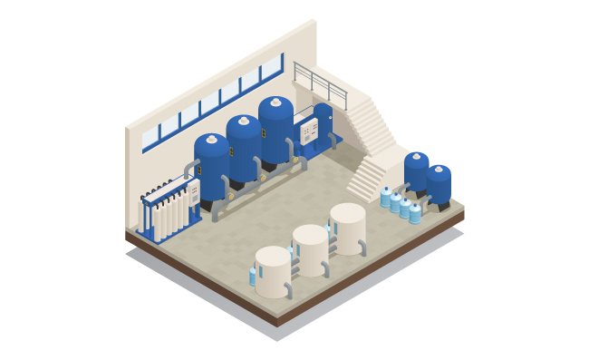 废水污水净化处理厂抽水过滤设备矢量等距插图
