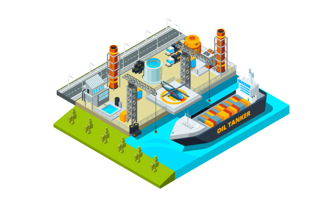 海港等距货船油箱工厂厂房3d货物运输海港等距矢量插图