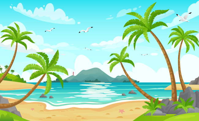 海滩岛屿夏日风景卡通插画