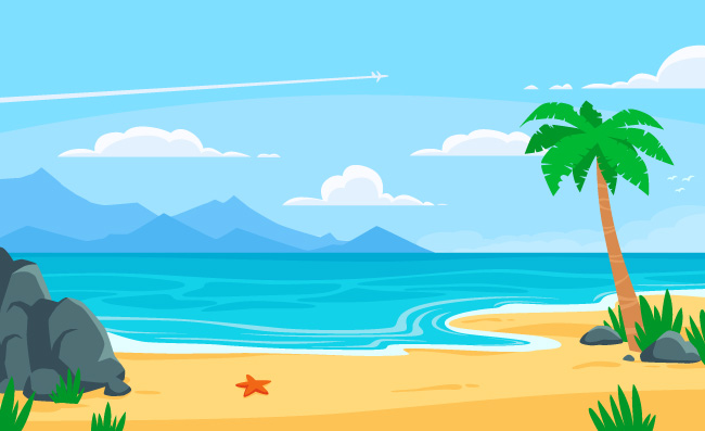 海滩沿海棕榈树热带海洋卡通背景插画