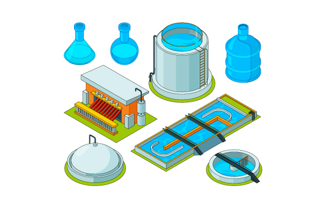 化工工业净水水清洗浇水处理废物分离运输化学工业净水矢量等距图片