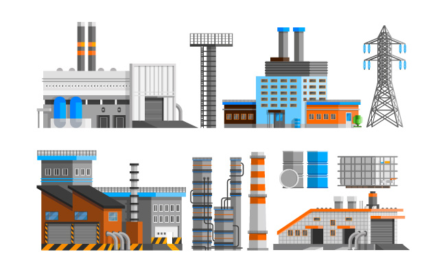 化工厂烟囱高压线塔工业生产厂房立体素材元素