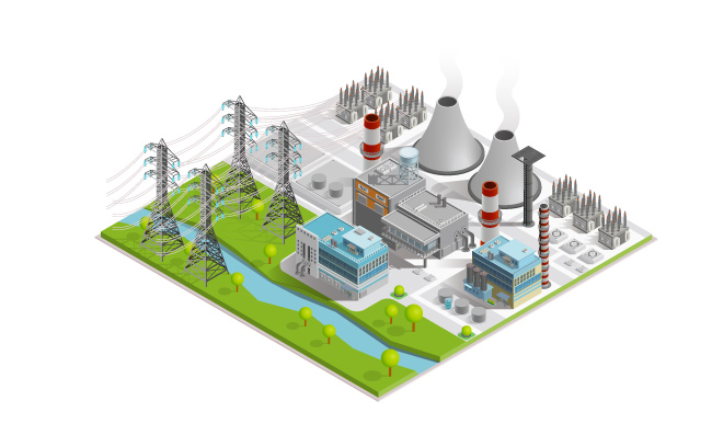 火力发电站发电厂烟囱工业建筑电力线变压室高压线塔电能生产矢量图
