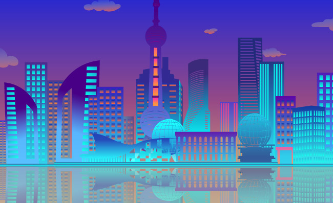建筑渐变剪影上海地标插画