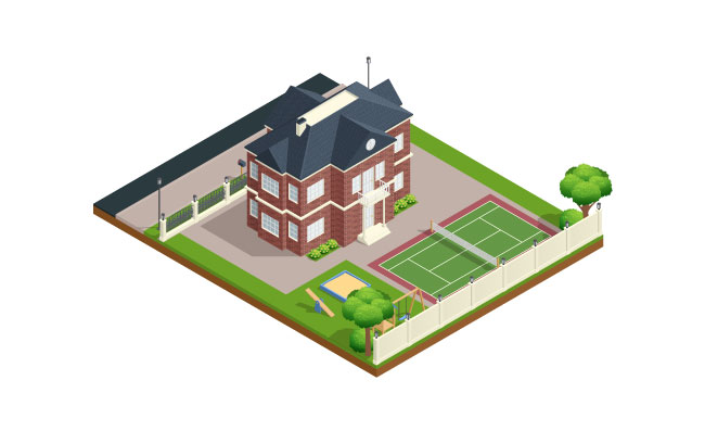 郊区房子后院草坪网球场矢量图