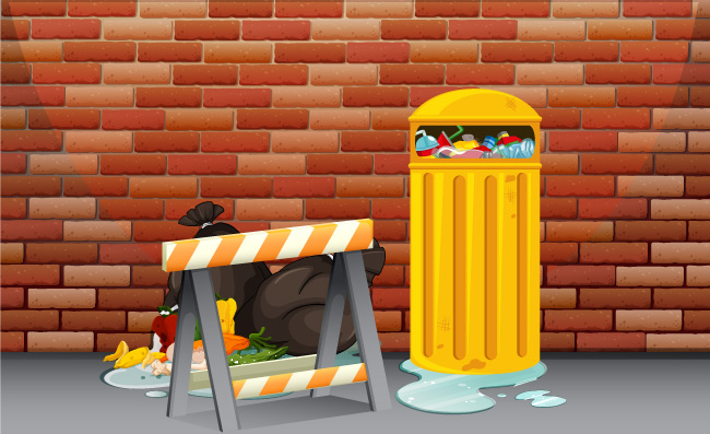 街道垃圾桶和堆放的垃圾元素
