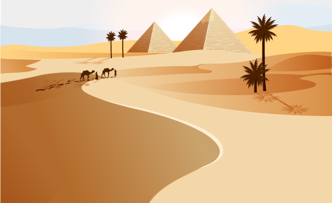 金字塔沙漠骆驼剪影素材风景插图