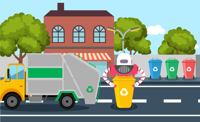 卡通环卫车爱护环境机器人资源回收垃圾桶插图矢量