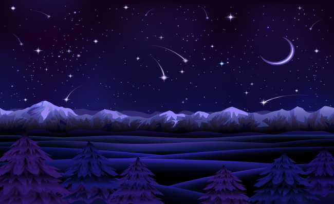 卡通夜空下的山脉景色