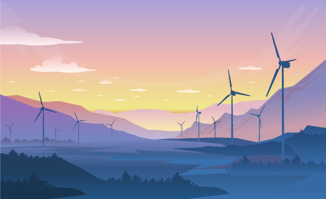 可持续的风力涡轮机生态景观山脉自然日落日出风景图