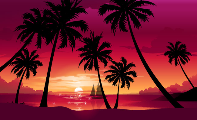 浪漫海岸椰树风景矢量图