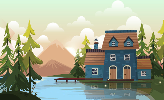 漂亮的湖边小屋山水画优雅多彩素描免费矢量