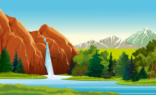 山水瀑布自然风景矢量图